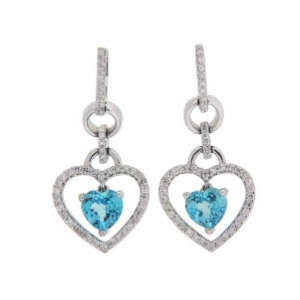 Diamond & Heart Blue Topaz 18k White Gold Dangle Earrings