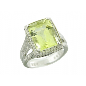 .96 ct Pave Diamond & Square Green Topaz 18k White Gold Ring