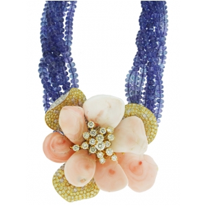 560.00ct Coral & 16.0ct White & Yellow Diamond Flower Shape Blue Celebrity Beaded Necklace