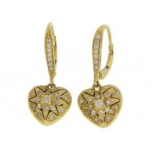 Diamond 18k Yellow Gold Milgrain Heart Leverback Dangle Earrings