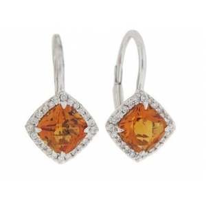 Square Citrine & Diamond 18k White Gold Leverback Earrings