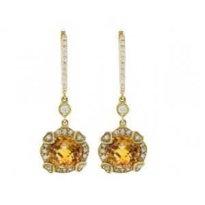 18k Yellow Gold Circle Citrine & Heart Shape Diamond Dangle Gemstone Earring