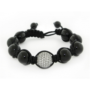 Silver Onyx & White Crystal Shamballa Bracelet