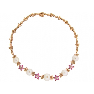 Diamond & Pink Sapphire 18k Rose Gold Pearl Collar Necklace
