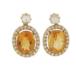 Oval Citrine Rose & Brilliant Cut Diamond 18k Gold Dangle Earrings