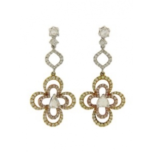 Rose & Brilliant Cut Diamond 18k Tri Tone Gold Dangle Earrings