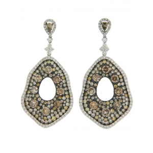 12.84ct Champagne & White Diamond 18k Gold Dangle Leaf Earrings