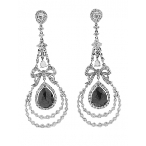 Pear Shape Black & White Diamond 18k Gold Bow Dangle Earrings