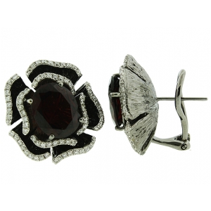 18k Black Gold Diamond & Garnet Gemstone Flower Shape Huggie Earring