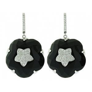 Slice Black Onyx Diamond Star Shape Center & 18k White Gold Dangle Earring