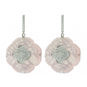 106.72ct Slice Pink Tourmaline 1.12ct Clover Shape Diamond Center & 18k White Gold Dangle Earring