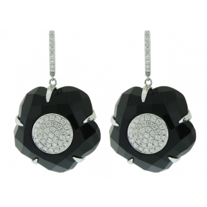 Slice Black Onyx Diamond Circle Shape Center & 18k White Gold Dangle Earring