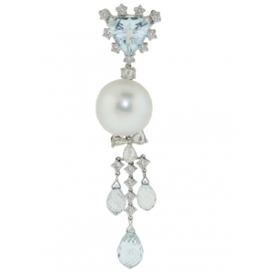 18k White Gold & Blue Topaz Pearl Diamond Dangle Pendant