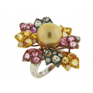 Celebrity Style South Sea Pearl Rose Cut Sapphire Cocktail Flower Ring
