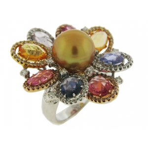 Celebrity Style South Sea Pearl Rose Cut Sapphire Cocktail Flower Ring