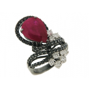 Celebrity Style Pear Ruby Black & White Diamond 18k Gold Cocktail Ring