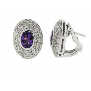 Oval Amethyst & Pave Diamond 18k Gold French Clip Earrings