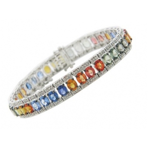 Diamond & Oval Multi Color Sapphire 18k Gold Tennis Bracelet