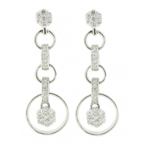 18k Solid White Gold & Diamond Multi Circle Link Chain Center Flower Dangle Earring
