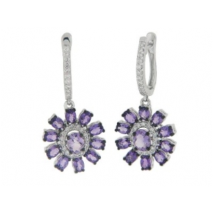 2.99ct Diamond 18k Gold Amethyst Dangle Flower Earrings