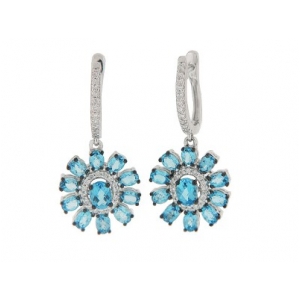 4.00ct Diamond 18k White Gold & Blue Topaz Flower Dangle Earrings