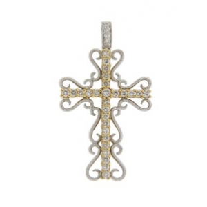 .69 ct Round Diamond 18k Two Tone Gold Milgrain Cross Pendant