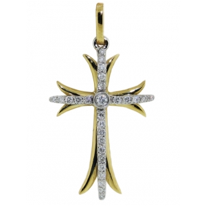 Yellow & White 18k Gold Diamond Fleury Cross Pendant