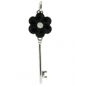 18k White Gold Center Diamond & Black Onyx Flower Shape Top Key Pendant