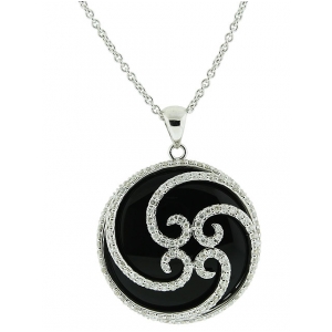 18k Solid White Gold & 14.50ct Black Onyx Circle Shape Pave Diamond Pendant Necklace