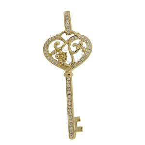 Pave Diamond 18k Yellow Gold Heart Key Pendant