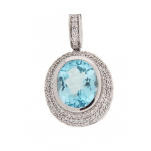Pave Diamond & Oval Blue Topaz 18k White Gold Circle Pendant