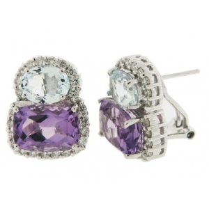 13.1ct Amethyst & Sky Blue Topaz Diamond 18k Gold French clip Earrings