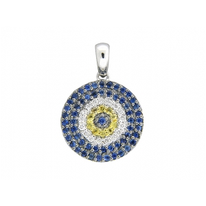 Diamond Blue Yellow Sapphire Round Evil Eye 18k Yellow Gold Pendant