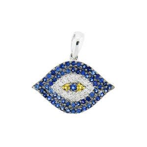 Diamond Double Blue Yellow Sapphire Evil Eye 18k White Gold Pendant