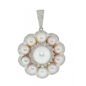 18k White Gold Multi Pearl & Diamond Flower Shape Pendant