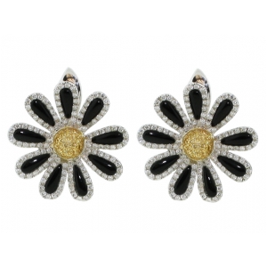 1.31ct White & Yellow Diamond Black Onyx Flower Shape Earrings