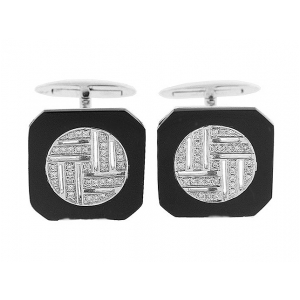 Black Onyx Round Diamond 18k Gold Square Cufflinks