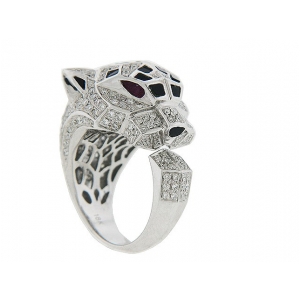 1.61 ct Diamond Onyx & Ruby 18k White Gold Panther Ring