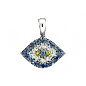 Diamond Blue Yellow Sapphire Evil Eye 18k White Gold Pendant