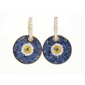 Diamond & Blue Yellow Sapphire 18k Gold Evil Eye Dangle Earrings