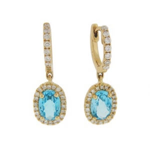 Oval Blue Topaz & Diamond 18k Yellow Gold Dangle Earrings