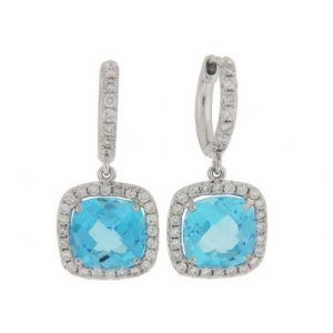 Square Blue Topaz & Diamond 18k White Gold Dangle Earrings