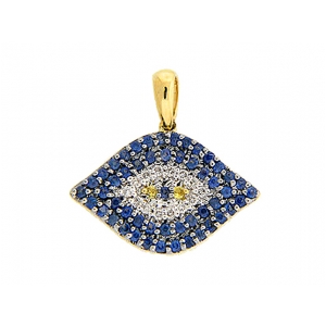 Diamond Blue Yellow Sapphire Evil Eye 18k Yellow Gold Pendant
