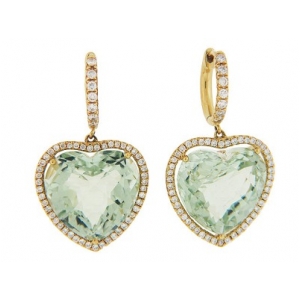 Green Amethyst & Diamond 18k Gold Heart Dangle Earrings