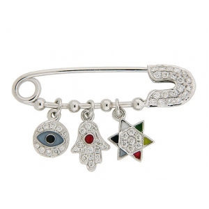 Diamond Evil Eye Hamsa & Star Of David 18k Gold Safety Pin