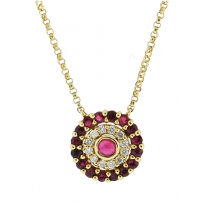 Diamond & Ruby Sapphire Circle Shape Evil Eye Pendant 18k Yellow Gold Necklace