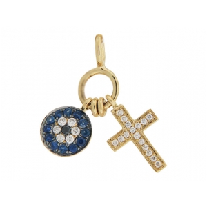 Diamond & Sapphire 18k Gold Evil Eye & Cross Charm Pendant