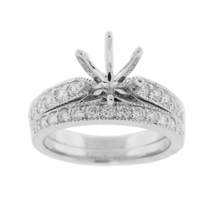 Round Diamond 18k White Gold Milgrain Bridal Set Rings
