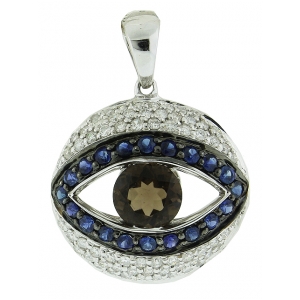 18k Solid White Gold 0.49ct Blue Sapphire & Diamond Brown Topaz Center Evil Eye Pendant