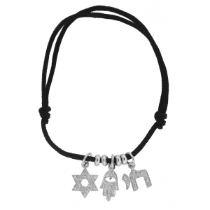 Diamond Hamsa Chai Star Of David 18k Black String Charm Bracelet